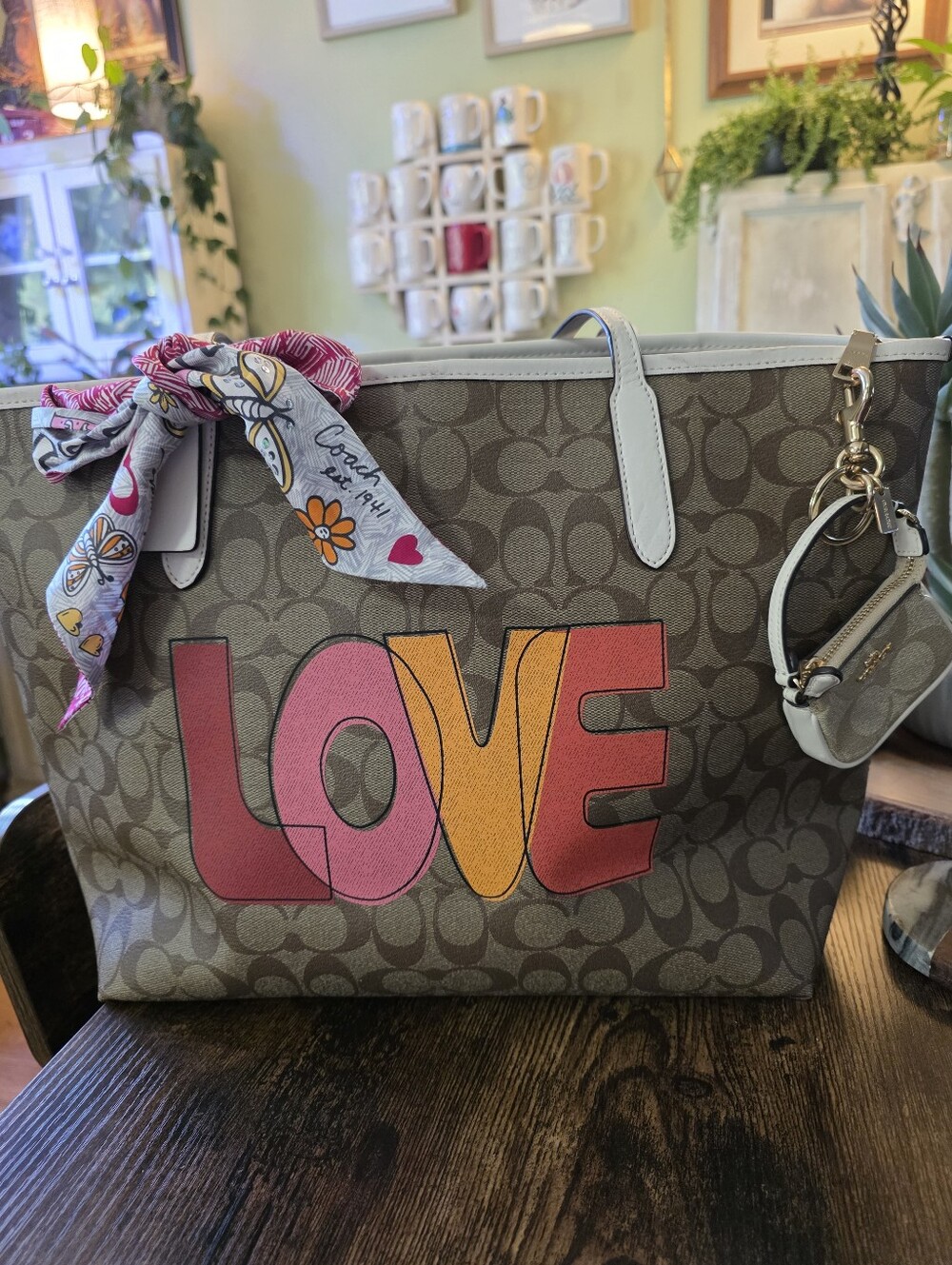 Coach Signature Canvas Tote Bag with Pink/Orange LOVE Print & Mini Coach Purse.